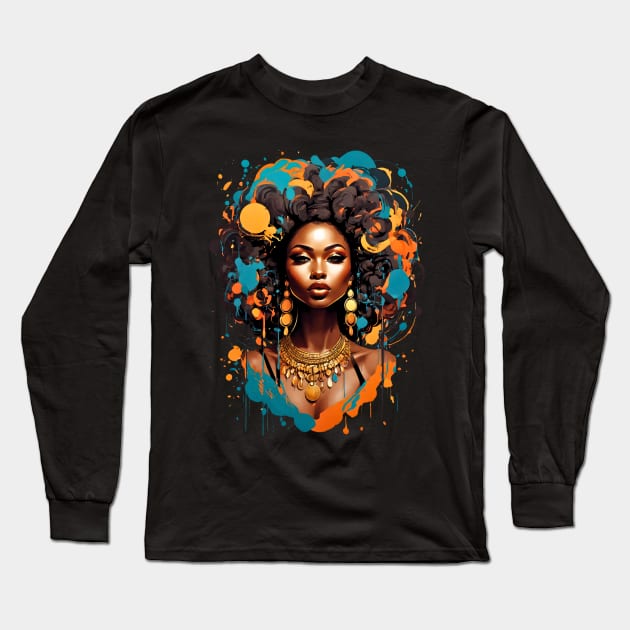 Black Woman Modern Hip Hop Afro fashionable design Long Sleeve T-Shirt by Neon City Bazaar